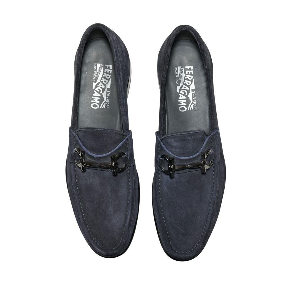 Salvatore Ferragamo Grandioso Blue Suede Gunmetal Gancini Bit Loafers Shoes 9